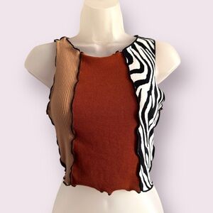 SHEIN Zebra Patchwork Crop Top - Ruched Rib Knit Graphic Top, Size M